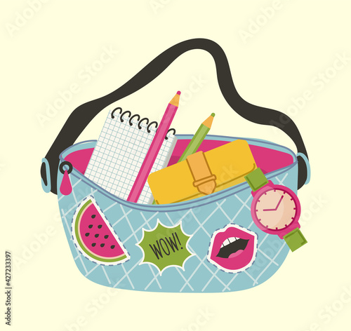 Teenager bag. Cute girly accessory, cartoon labels on textile. Purse, notebook and pencils, school handbag vector illustration