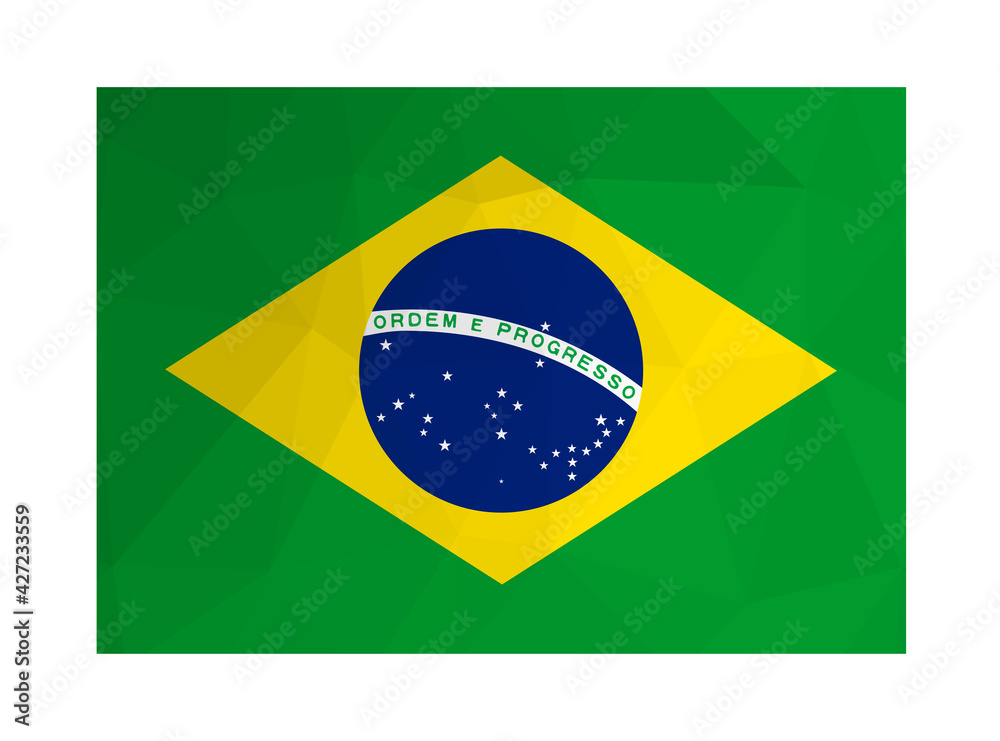 Fototapeta premium Vector illustration. National Brazilian flag (Verde e amarela) with text - Ordem e Progresso. Official symbol of Brazil. Creative design in low poly style with triangular shapes. Gradient effect.