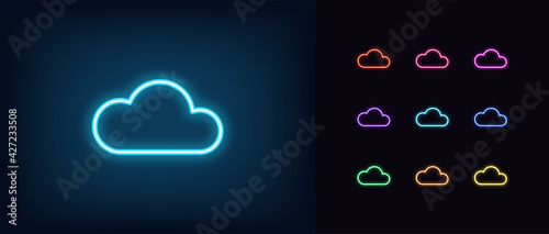 Neon cloud icon. Glowing neon cloud sign, outline technology pictogram