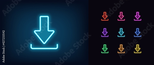 Neon download icon. Glowing neon download sign, outline arrow pictogram