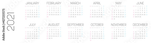 Simple monthly calendar of year 2021