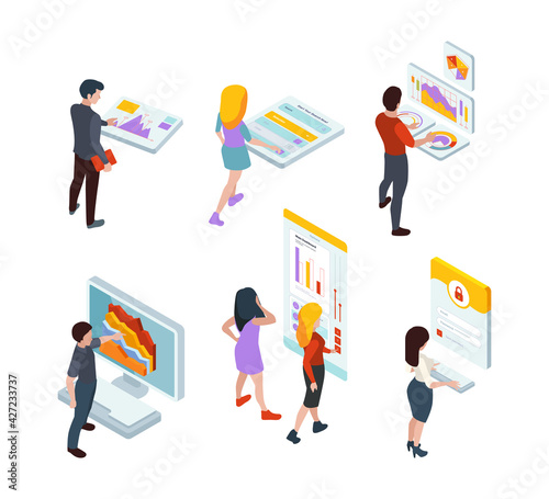 Information boards. People standing near advertizing tablo monitor screens event services info garish vector isometric persons