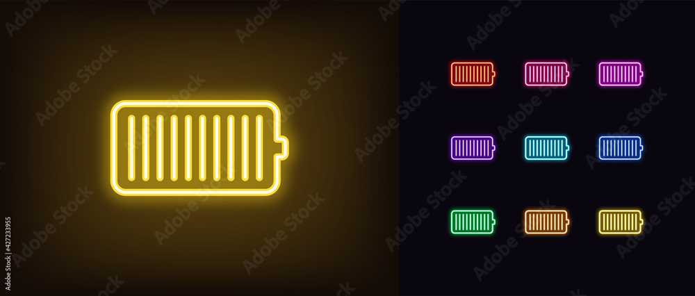 Neon battery icon. Glowing neon accumulator sign, outline electric charge pictogram - obrazy, fototapety, plakaty 
