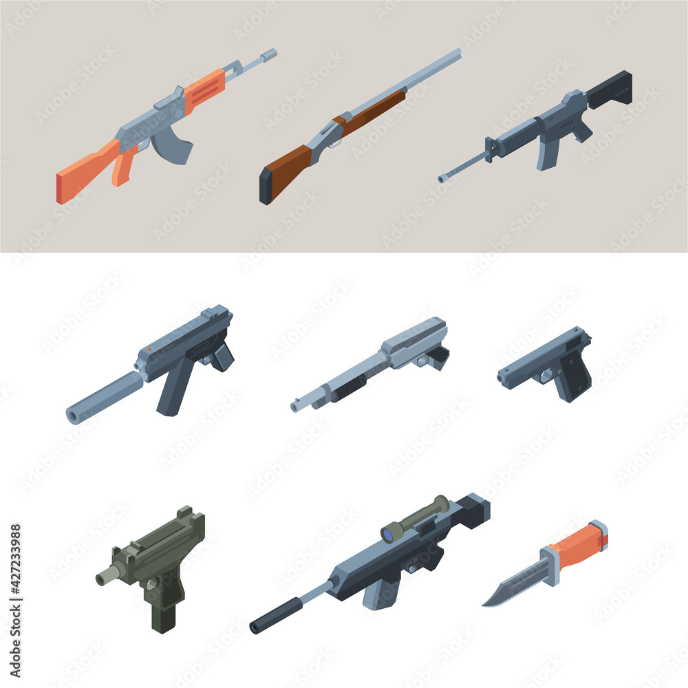 Soldiers guns. Isometric weapons automatic arms for modern warriors garish vector guns for war collection pictures isolated Soldiers guns. Isometric weapons automatic arms for modern warriors garish vector guns for war collection pictures isolated