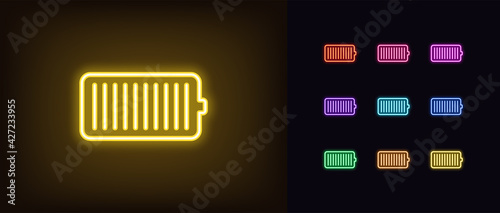 Neon battery icon. Glowing neon accumulator sign, outline electric charge pictogram