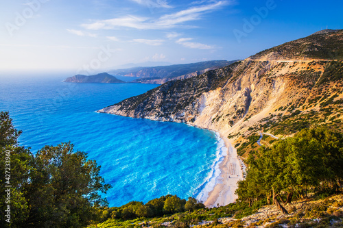 Kefalonia, Greece. Panoramic view over Myrtos beach, Assos. © SCStock