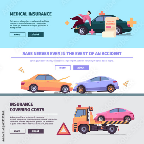 Insurance cars banners. Accident on road with damaged vehicles traffic car elements garish vector templates with place for text