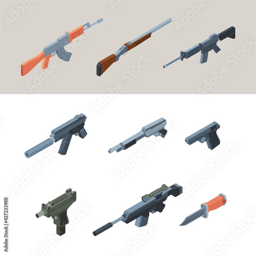 Soldiers guns. Isometric weapons automatic arms for modern warriors garish vector guns for war collection pictures isolated