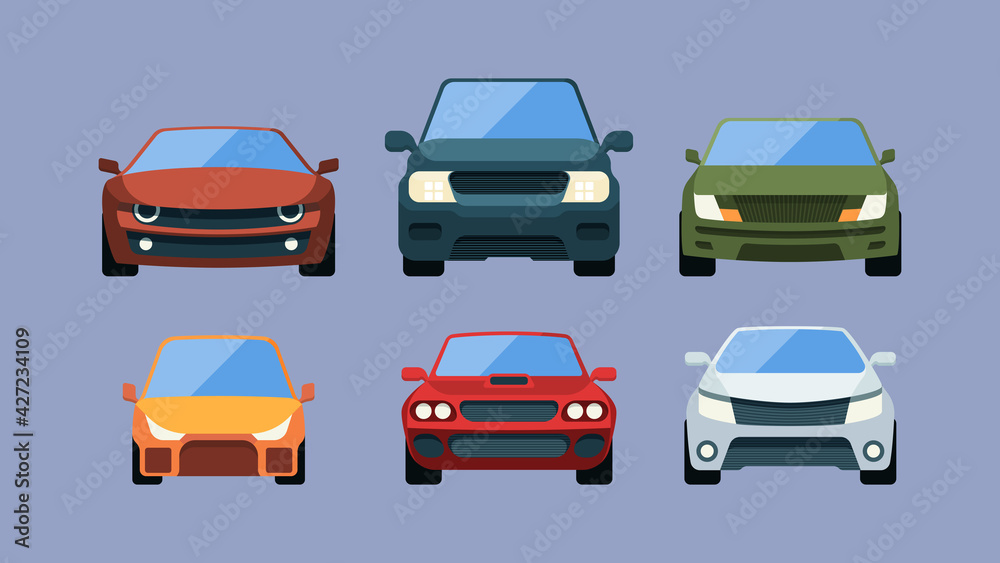 Cars front view. Urban vehicles in flat style cargo trucks colored automobiles garish vector illustrations set