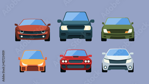 Cars front view. Urban vehicles in flat style cargo trucks colored automobiles garish vector illustrations set