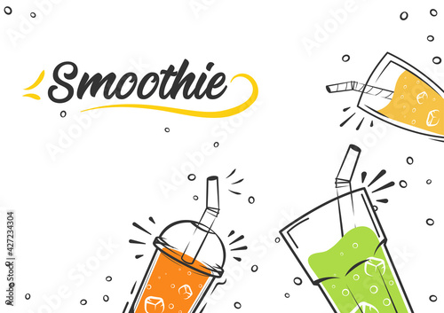 Smoothie background. Cold drinks, summer shakes and cocktails. Superfoods and health or detox diet food concept in sketch style.