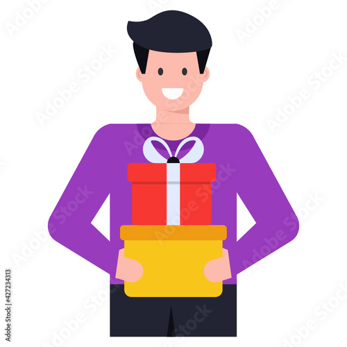 
Man holding gifts, flat character icon 

