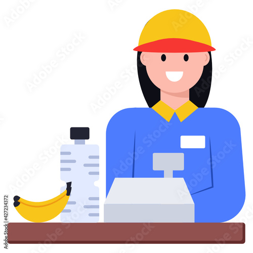 
Products in a cash counter with female, flat concept icon of cashier 

