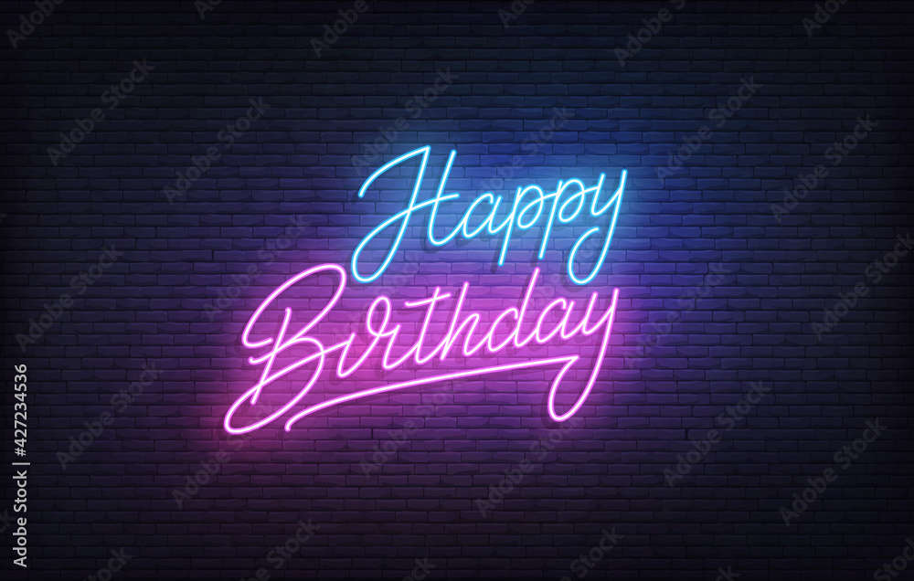 Vettoriale Stock Happy Birthday neon sign. Glowing neon lettering Birthday  template