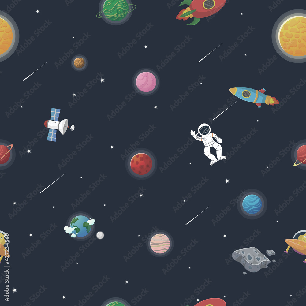 Space pattern with planets and stars. Astronaut Space pattern with planets and stars. Astronaut