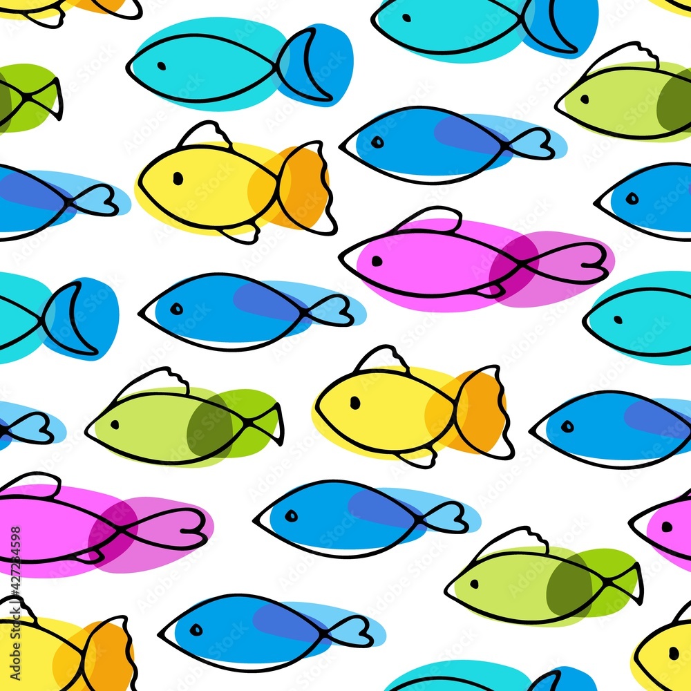 Bright multi-colored fish seamless pattern. Absrtact Fish icon