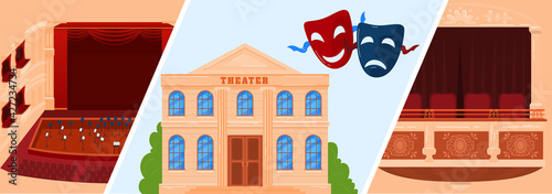 Ballet theater, opera hall, stage curtain, show mask, performance red, drama background, design, cartoon style vector illustration