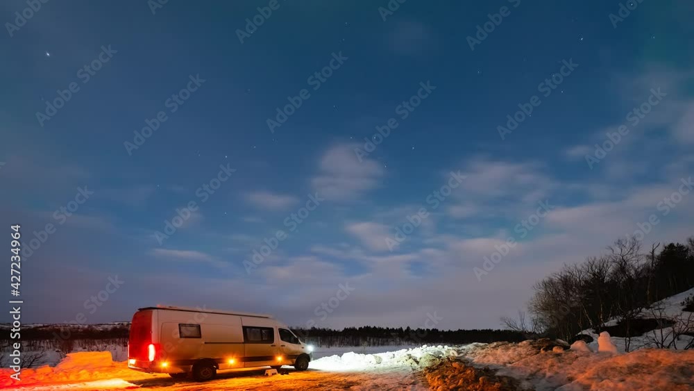 Camping under Aurora Borealis Northern Lights Motorhome RV Camper Camping under Aurora Borealis Northern Lights Motorhome RV Camper