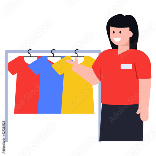 
Clothes rack in a store, female buying shirts, flat concept icon

