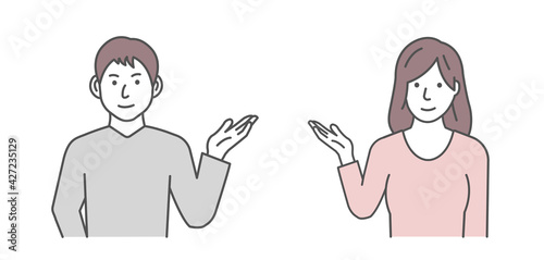 Vector illustration of a young man and woman (couple, family) introducing or navigating