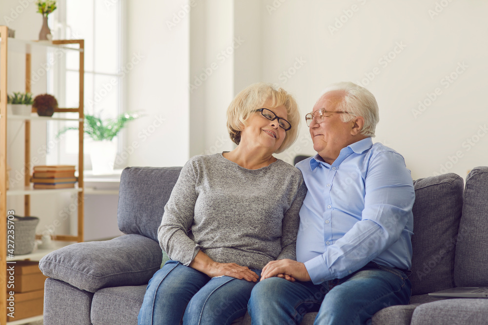 Happy loving senior couple hugging and looking at each other while sitting on sofa at home. Man and woman spend the weekend together. Concept of support, tenderness, care and love in the elderly. Happy loving senior couple hugging and looking at each other while sitting on sofa at home. Man and woman spend the weekend together. Concept of support, tenderness, care and love in the elderly.