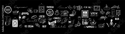 chalk board set of icons and words food menu