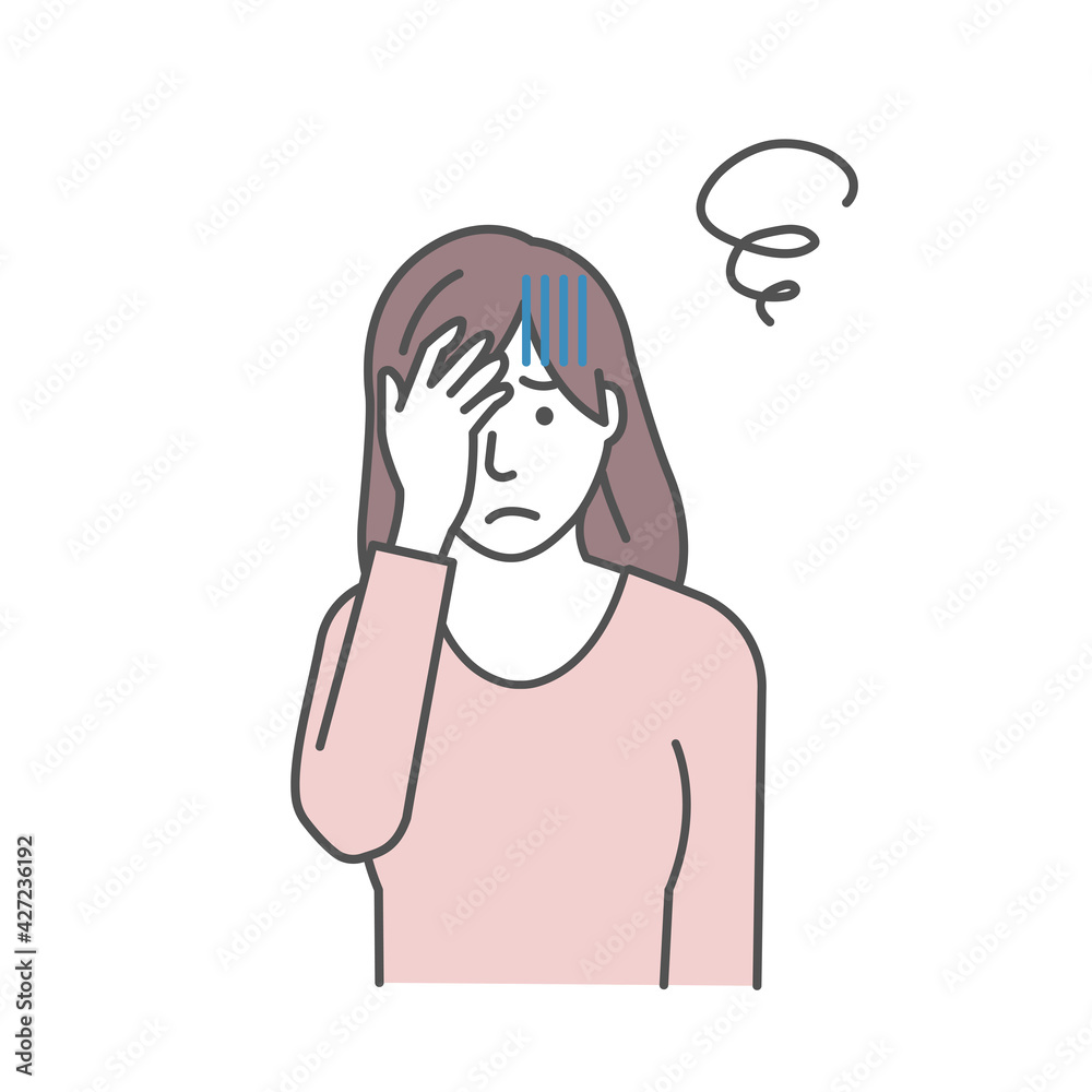 Vector illustration of a young woman squeezing head ( oh my god, headache )