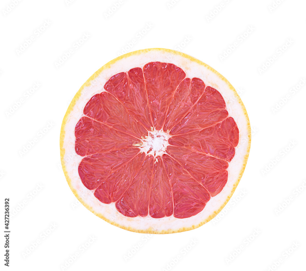 A round slice of grapefruit isolated on white background A round slice of grapefruit isolated on white background