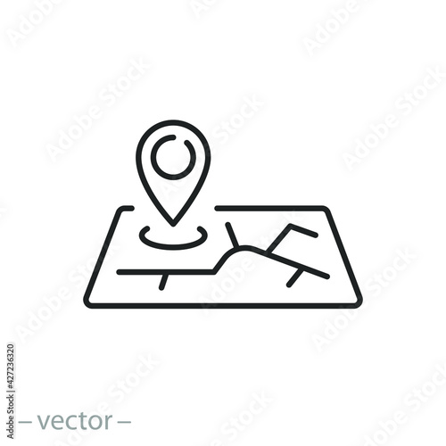 point pin address icon, road map pointer, 3d geo location, gps navigation, route street, destination marker, thin line symbol on white background - editable stroke vector eps10