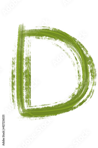 Buchstabe D mit grobem Pinsel gemalt, mit grüner Farbe auf weißem Hintergrund