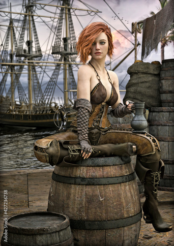 Adorable red headed pirate female taking a break on the docks after a long adventure at sea. 3d rendering