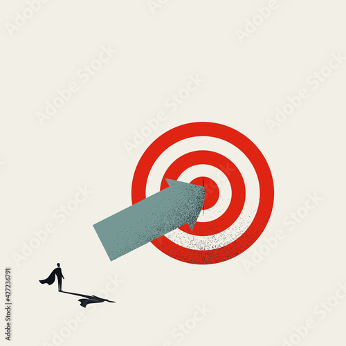 Business superhero hits target vector concept. Symbol of success, achievement, goals. Minimal illustration.