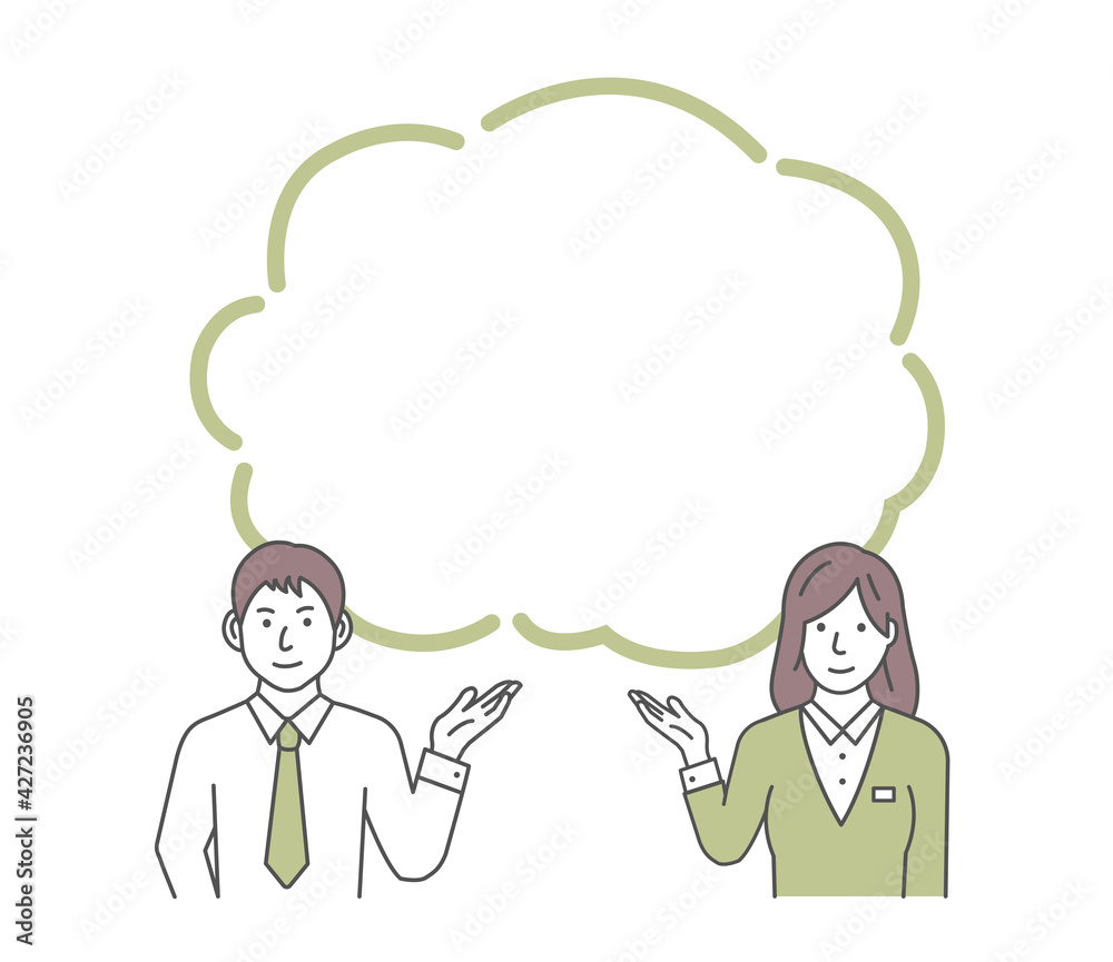 Vector illustration of a young businessman and businesswoman introducing or navigating with speech bubble.