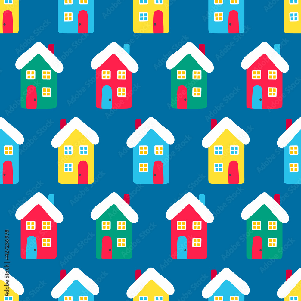 Vector seamless pattern wih houses. Cute winter illustration in flat style. Red, green, yellow, blue and white colors. Winter design background. Bright elements on blue background.