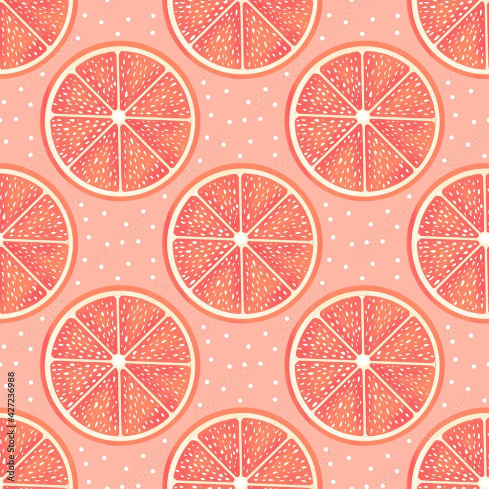 Fresh citrus seamless pattern . Flying slices of orange, grapefruit and mix on light background. Summer ornament for prints, textile, wallpaper, web etc