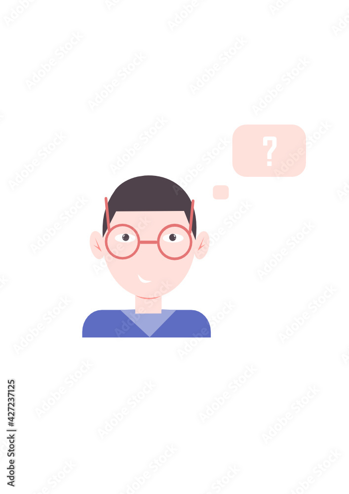 Young brunette guy smiles and wonders. The guy in the blue jumper. Question. Guy icon with a question. Vector illustration. Isolated.