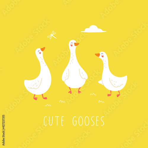 Cute geese on a yellow background. Cartoon vector illustration.