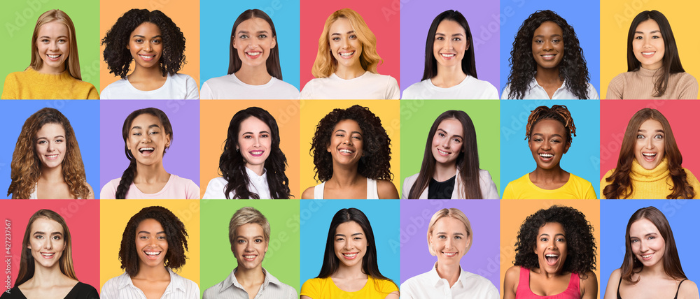 Collage set of happy diverse multicultural women