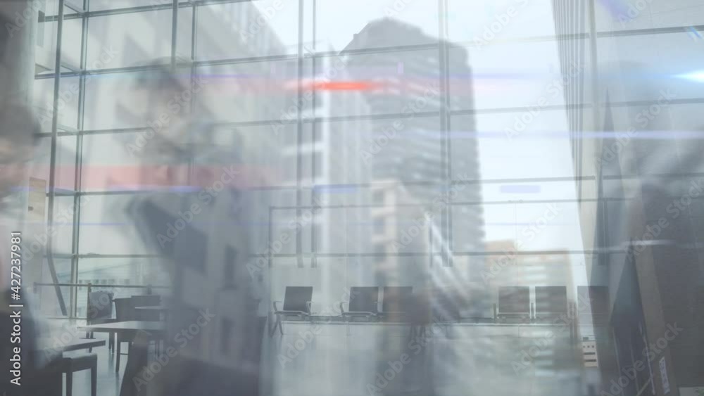 Animation of business people walking in fast pace over cityscape