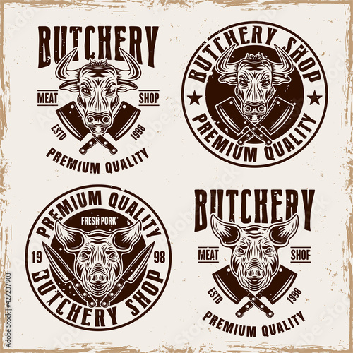 Butchery shop set of vector emblems, badges, labels or logos in vintage style with removable textures on separate layer
