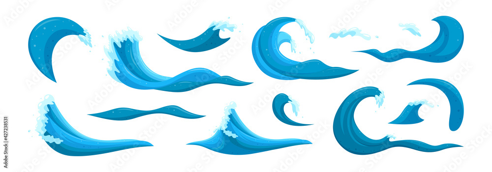 Fototapeta premium Tsunami waves and tides elements. Big wave surfing set. Cartoon vector illustration isolated in white background 