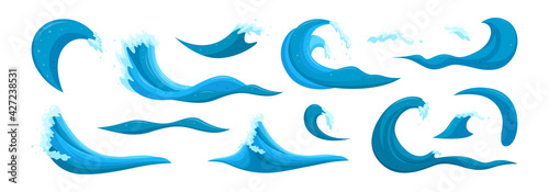 Tsunami waves and tides elements. Big wave surfing set. Cartoon vector illustration isolated in white background 
