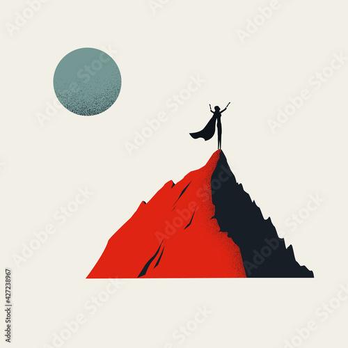 Business hero vector concept with woman on mountain top. Symbol of achievement, success. Minimal illustration.