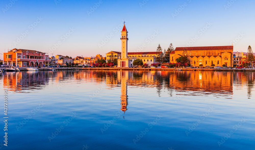 Naklejka premium Zakynthos, Greece. View of Zakynthos town with Saint Dionysios Church.