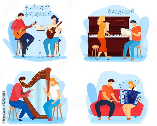 Music lesson, student girl, class musician, learning play, young interior, art practice, design, flat style vector illustration.