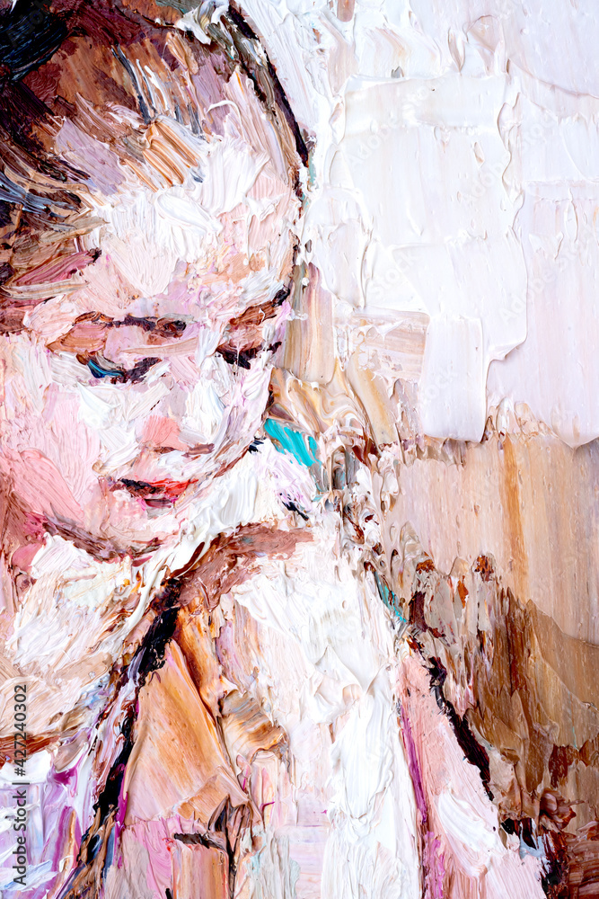 Fragment of oil painting, palette knife technique and brush.  Young girl, ballerina in the white tutu, tying pointe shoes. Background created with expressive strokes in bright colors.
