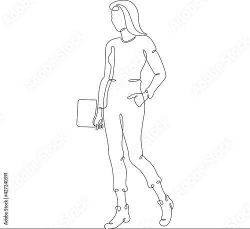 Fototapeta Naklejka Na Ścianę i Meble -  Female character at the work table in the office. Workplace laptop designer programmer manager. One continuous drawing line  logo single hand drawn art doodle isolated minimal illustration.