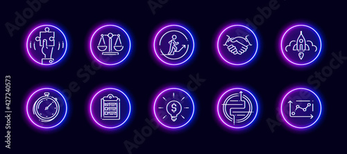 10 in 1 vector icons set related to solution theme. Lineart vector icons in neon glow style