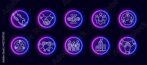 10 in 1 vector icons set related to team building and co working theme. Lineart vector icons in neon glow style