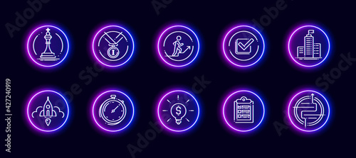 10 in 1 vector icons set related to career evolution theme. Lineart vector icons in neon glow style